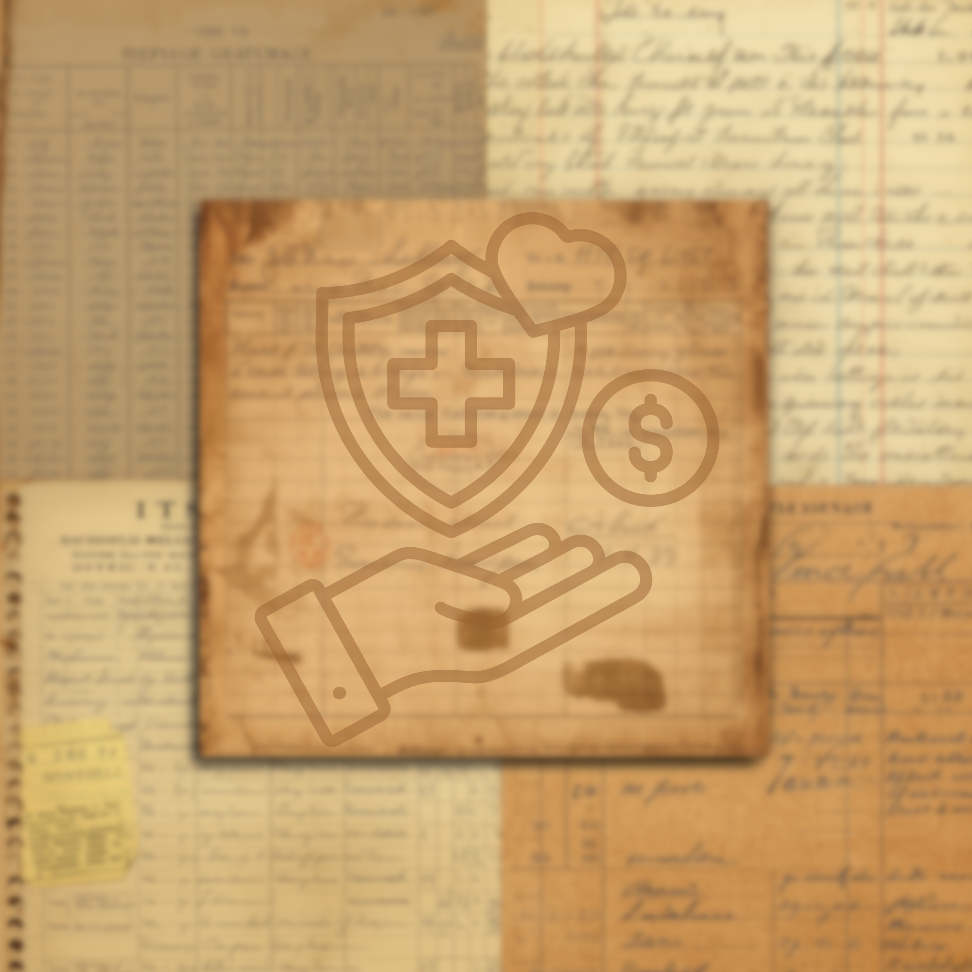 Square, warm‑toned image blending historical medical ledgers and early healthcare documents with soft archival textures, evoking the evolution of healthcare costs over time.