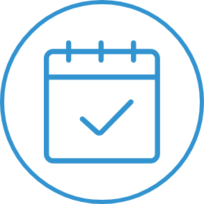 Blue calendar icon with check mark.