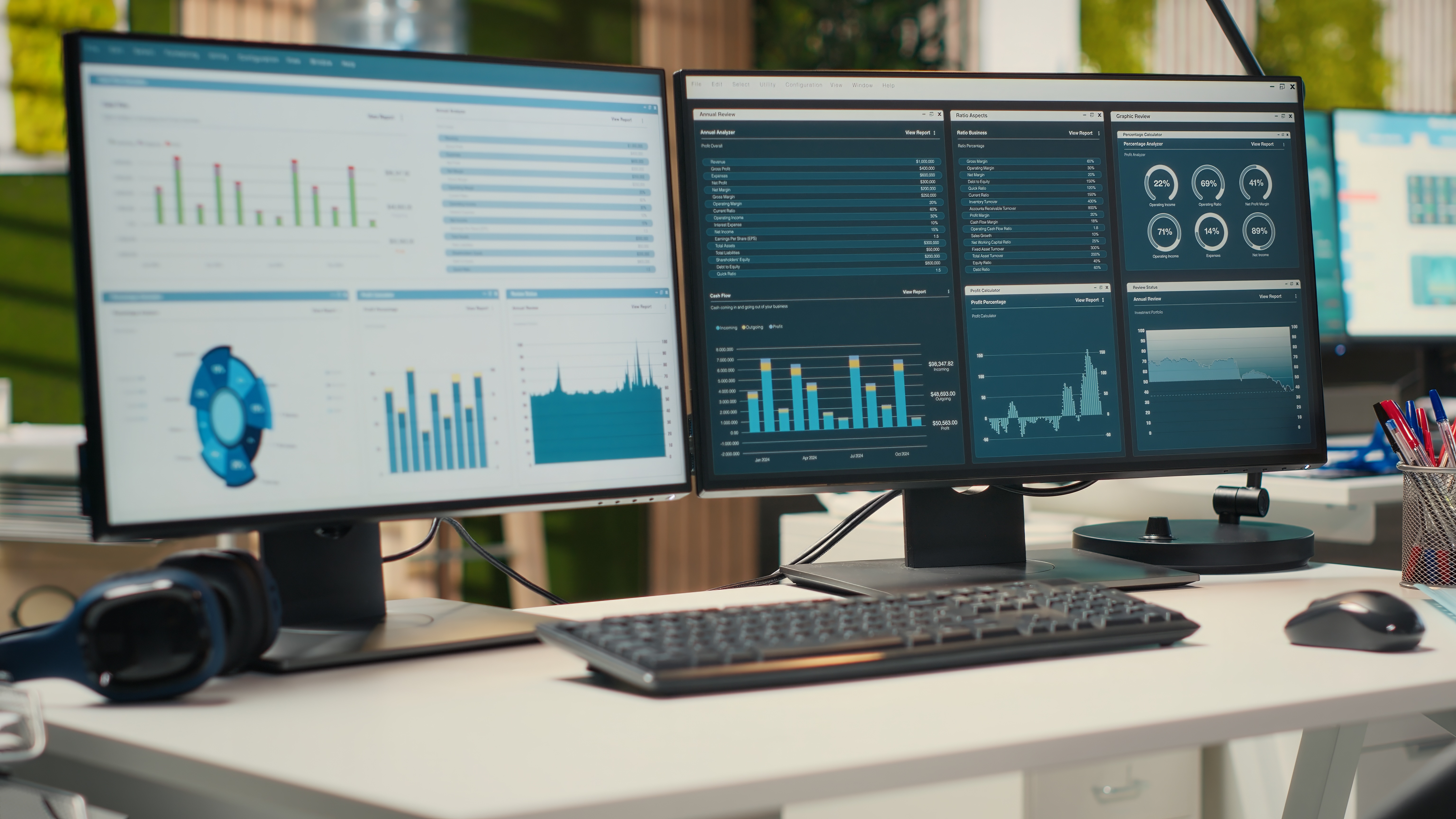 Data dashboards on desk monitors showing KPI charts, the starting point for building a dashboard your team will actually use.