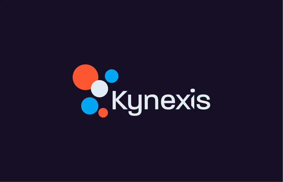 Kynexis logo with stylized red, blue, and white circles to the left of the text on a dark background.