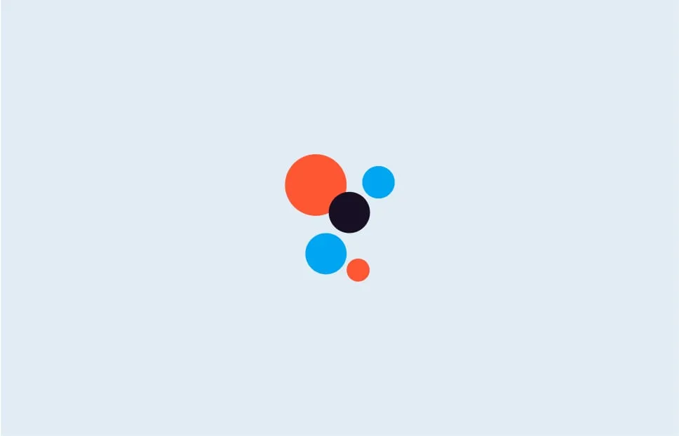 Abstract arrangement of five circles in orange, blue, and dark purple on a light blue background.