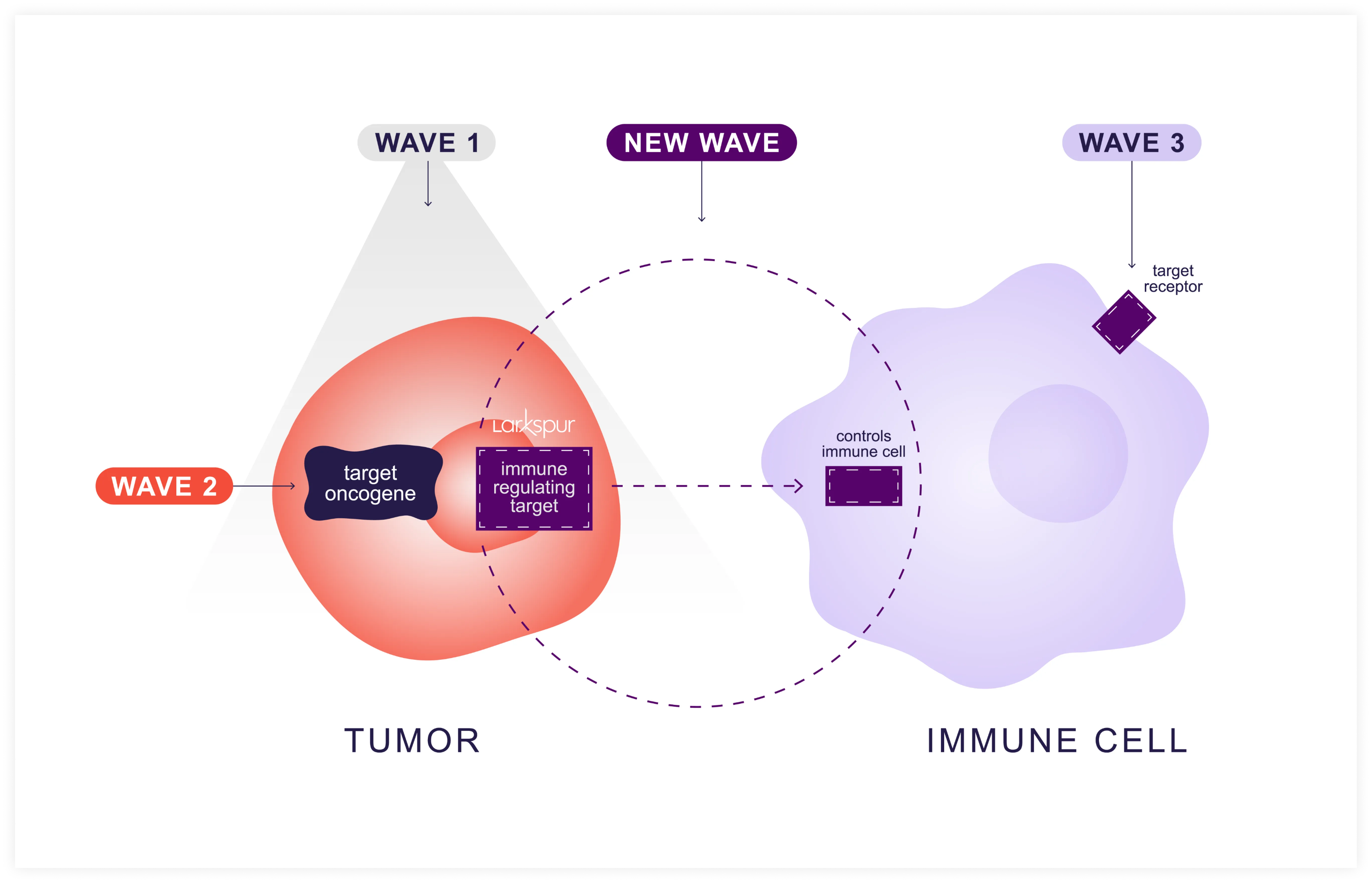 Diagram showing tumor cell on the left with labeled target oncogene and immune regulating target, linked by dashed arrow to immune cell on the right with labeled controls immune cell box and target receptor diamond, highlighting waves 1, 2, 3, and new wave.