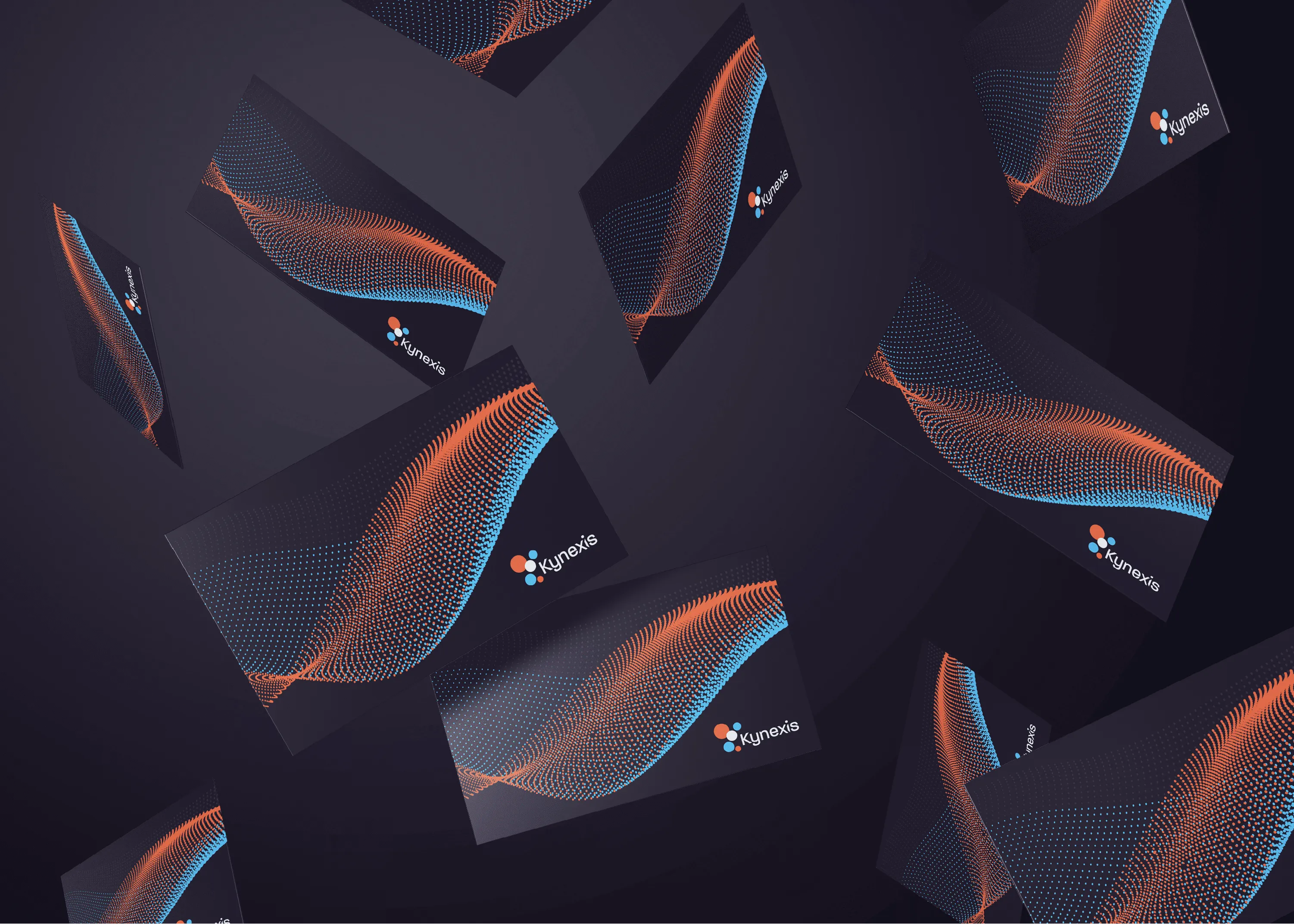 Multiple dark business cards with blue and orange wave-like dotted patterns and Kynexis logo scattered on a dark background.
