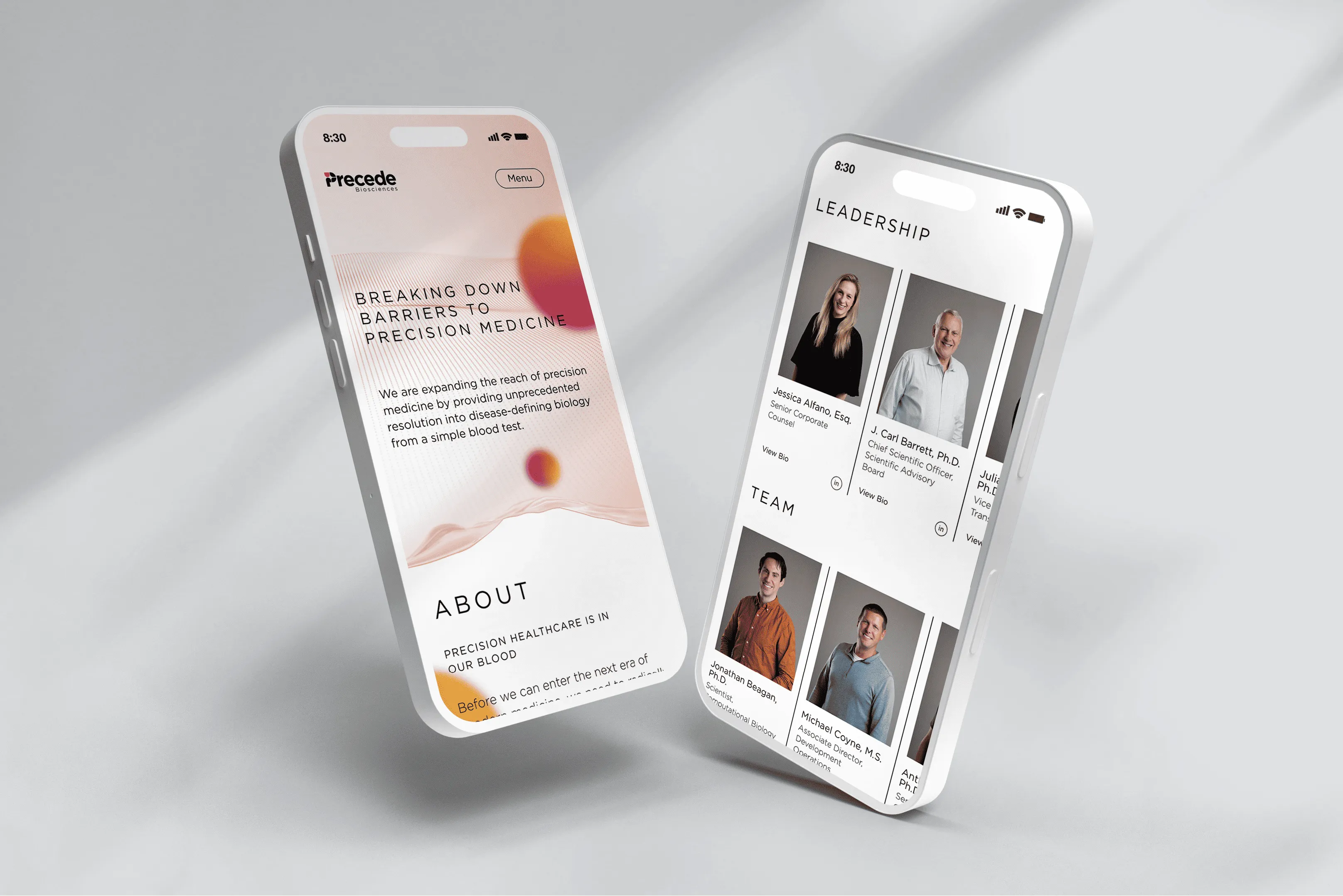 Two smartphones displaying a precision medicine website with sections titled 'Breaking Down Barriers to Precision Medicine' and 'Leadership' featuring team member photos and bios.