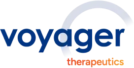Voyager Therapeutics logo with blue text 'voyager' and orange text 'therapeutics' beside a partial light blue circular design.