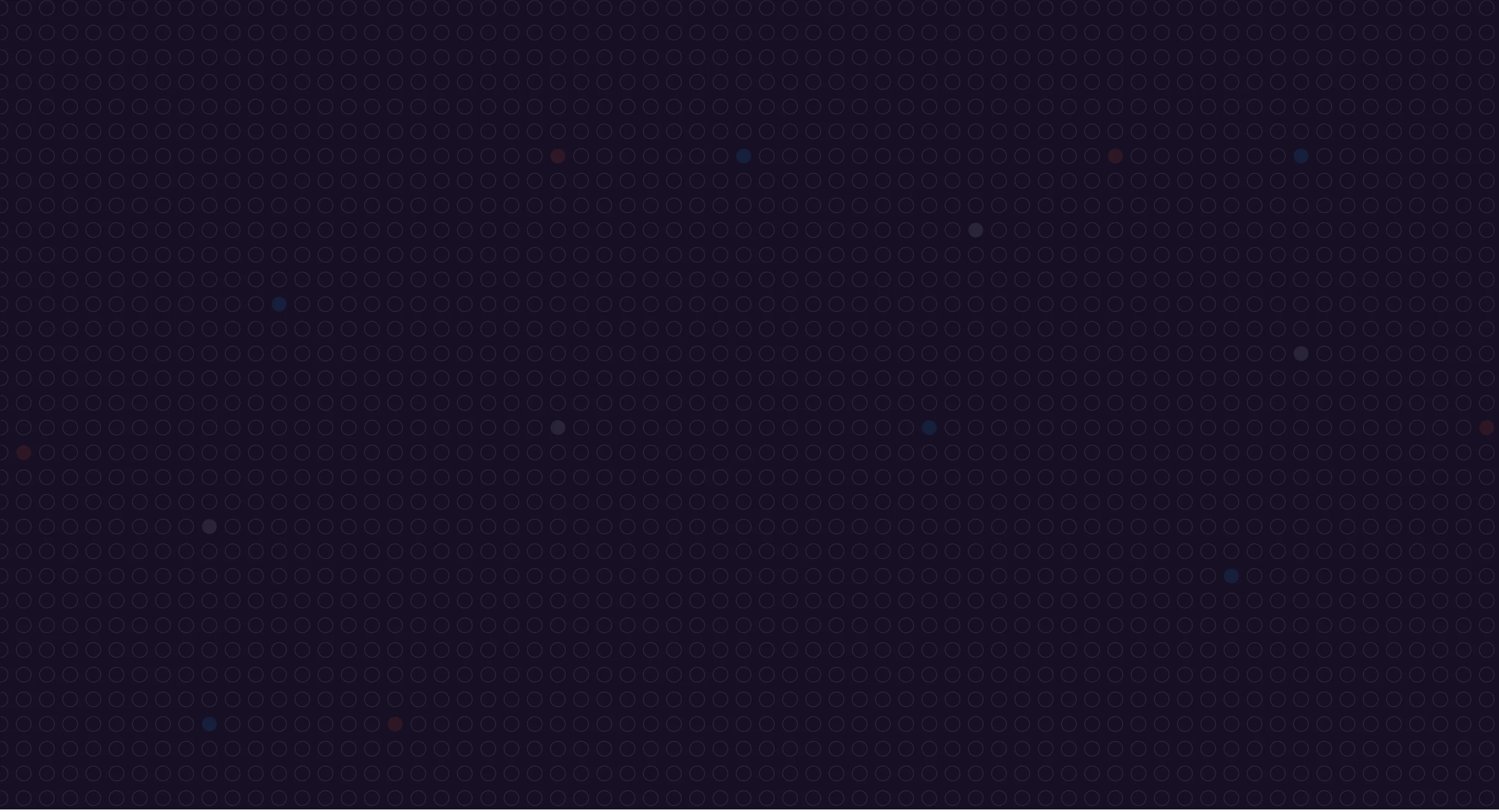 Dark background filled with a grid pattern of faint circles, scattered randomly with small dots in red, blue, and purple hues.