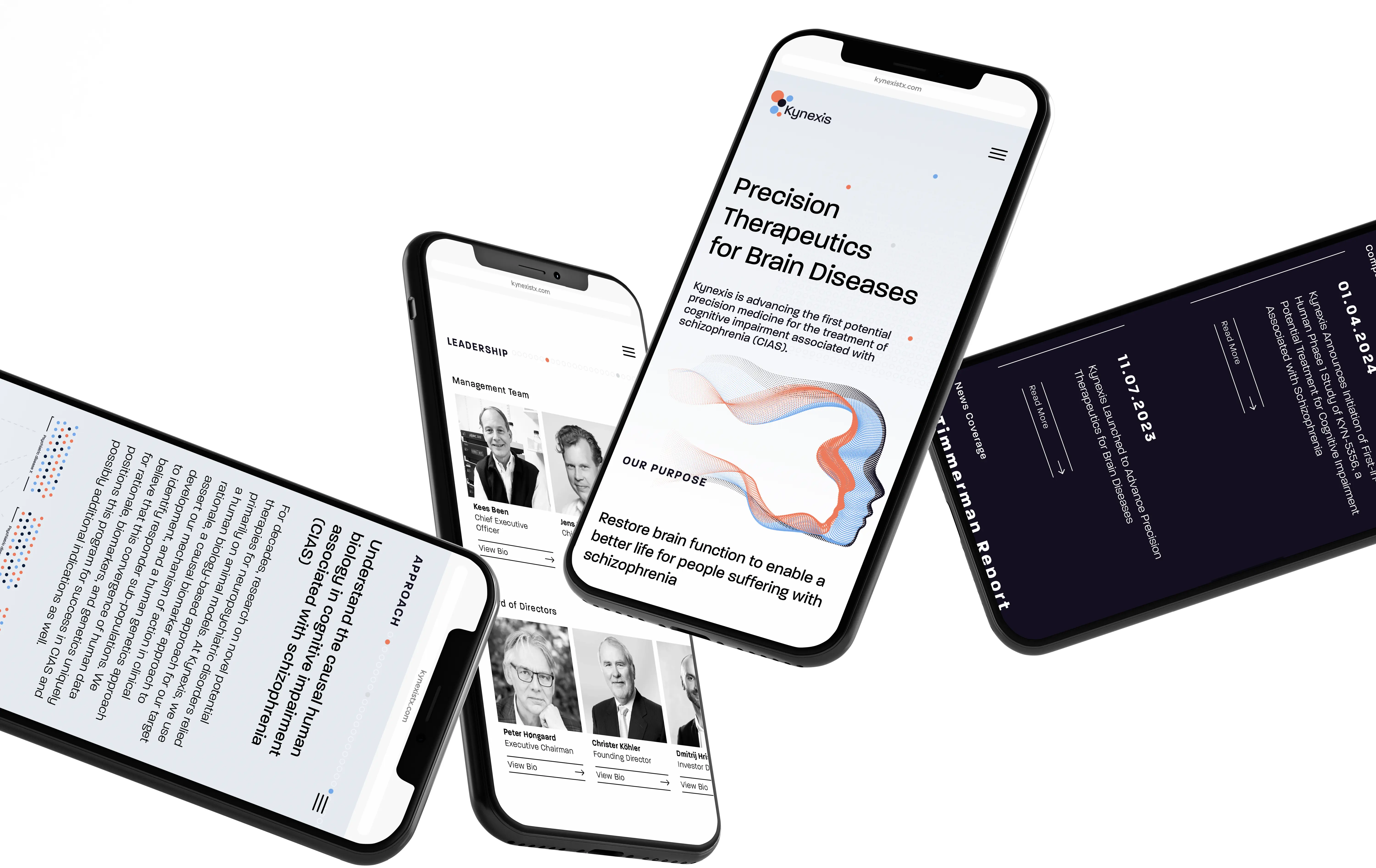 Four smartphones displaying a website about Kynexis, showcasing brain disease therapeutics, management team bios, scientific approach, and news updates.