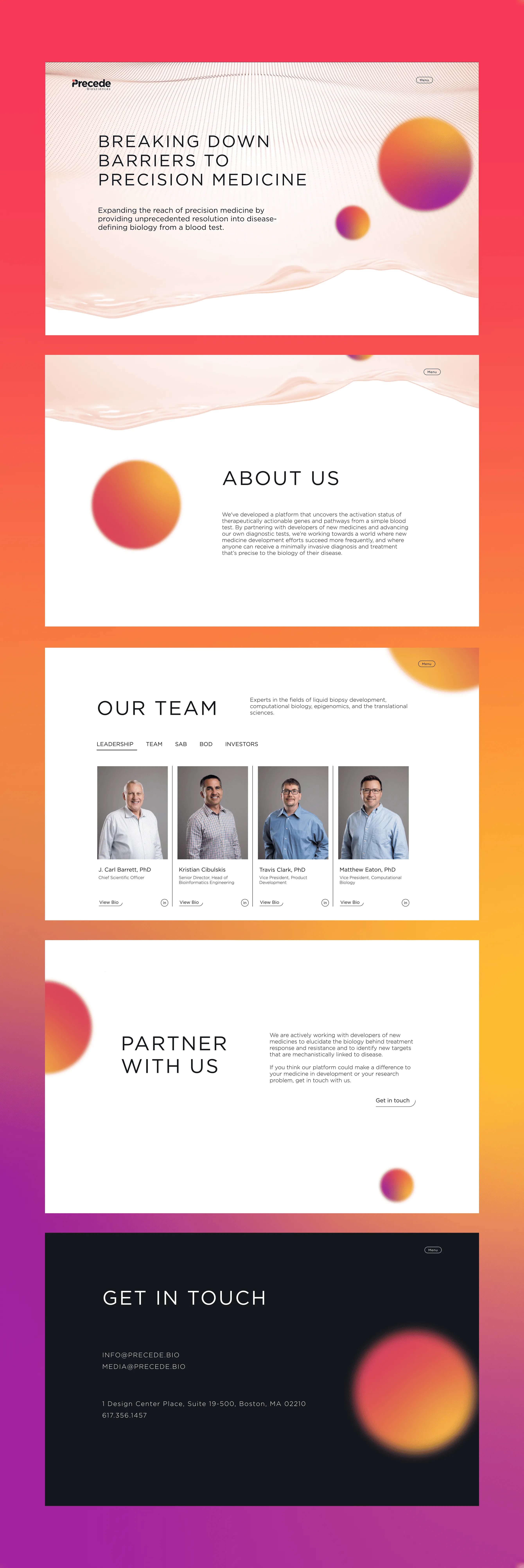 Website page with sections titled Breaking Down Barriers to Precision Medicine, About Us, Our Team showing headshots of four men with their names and titles, Partner With Us, and Get In Touch with contact details, set on a gradient pink-orange-purple background with abstract orange and purple spheres.