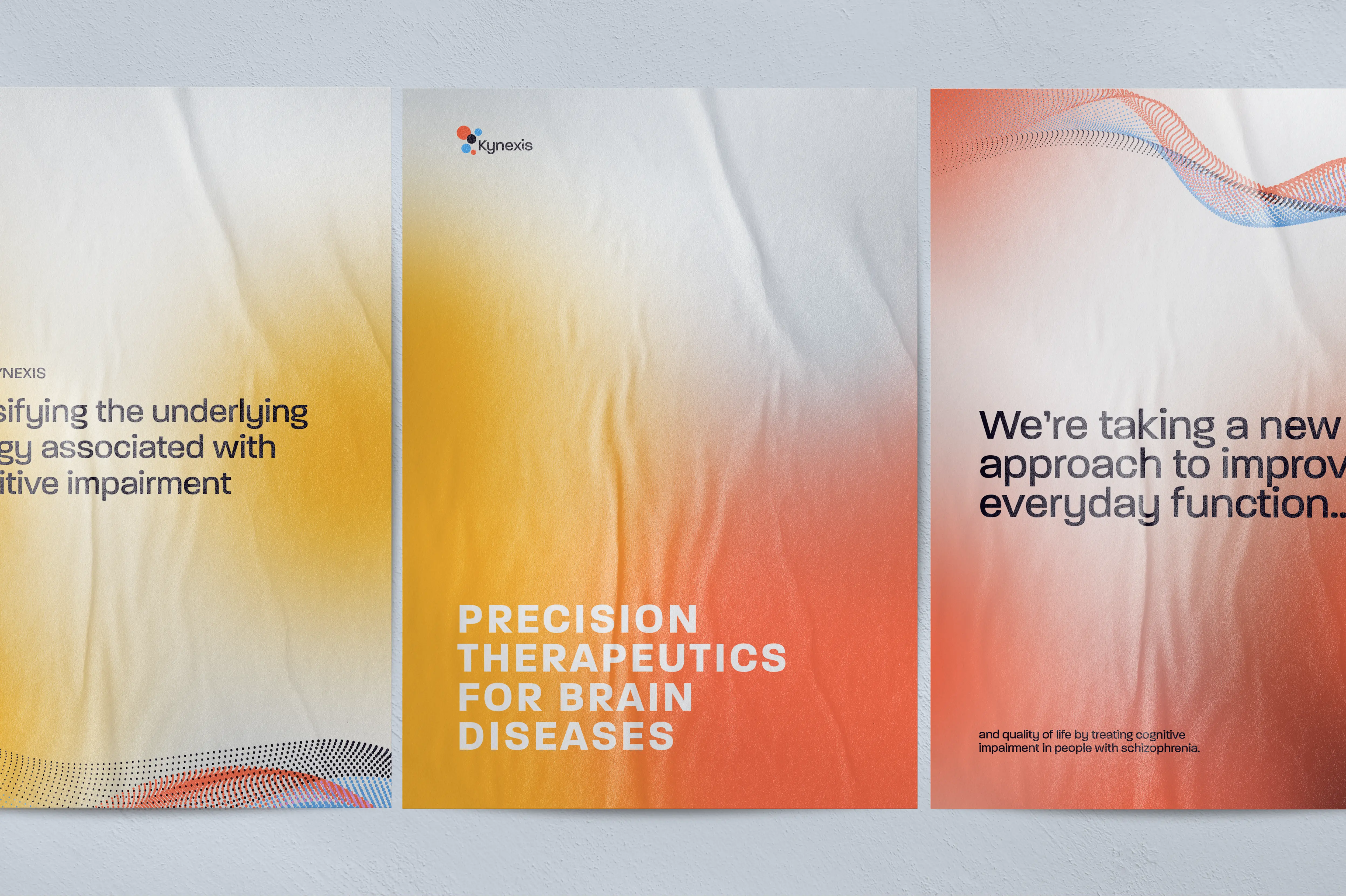 Three posters with gradient backgrounds blending yellow, orange, and white, displaying text about precision therapeutics for brain diseases and cognitive impairment, with the Kynexis logo on the center poster.