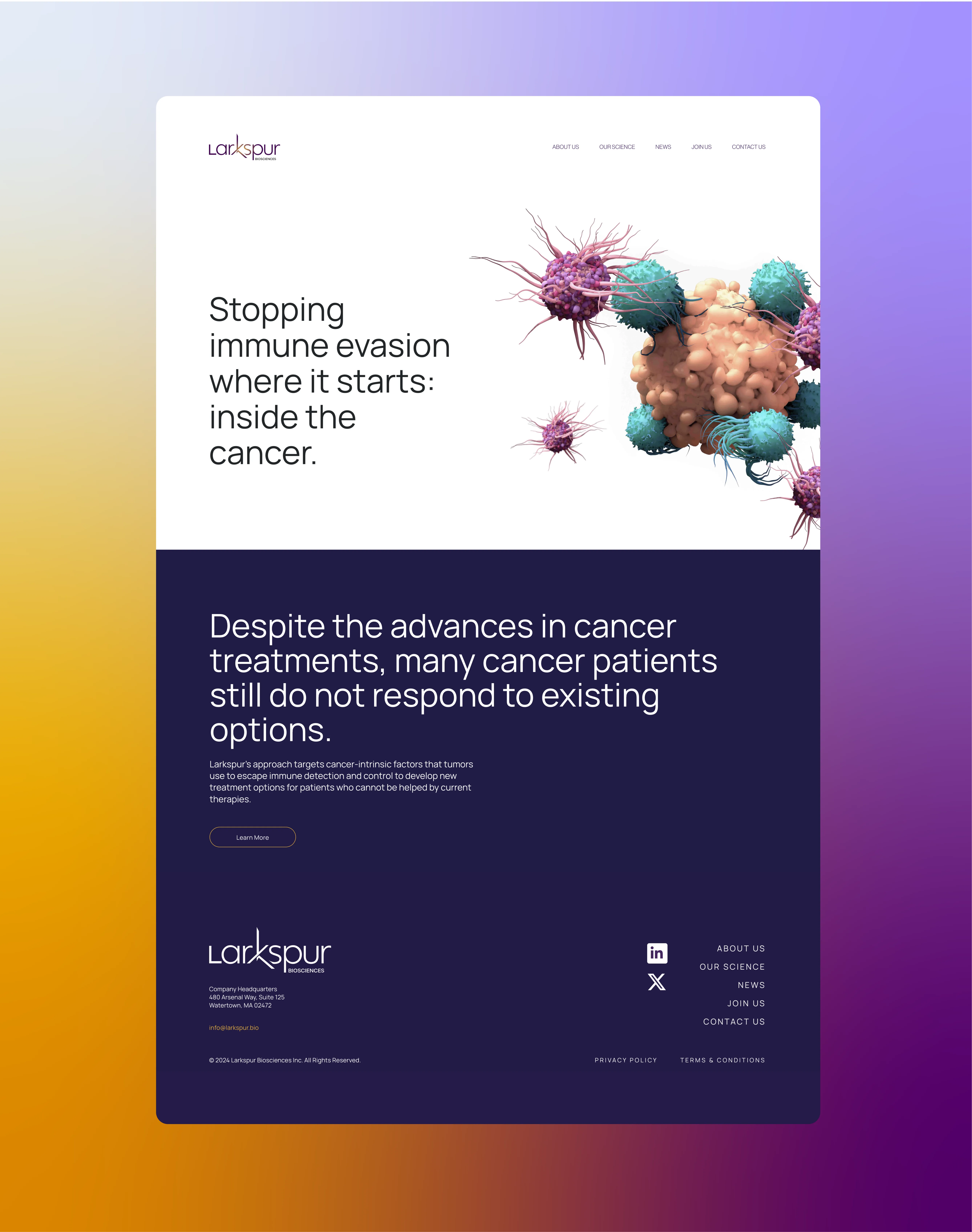 Website homepage for Larkspur Biosciences highlighting cancer immune evasion research with an illustration of immune cells attacking a cancer cell.