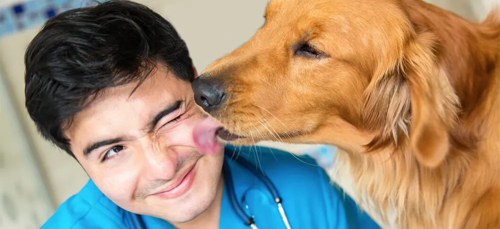 dog licking man
