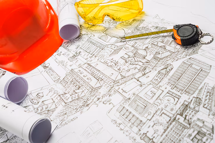 Architectural blueprints spread on a surface with a red construction helmet, rolled-up plans, yellow safety goggles, and a tape measure placed on top.