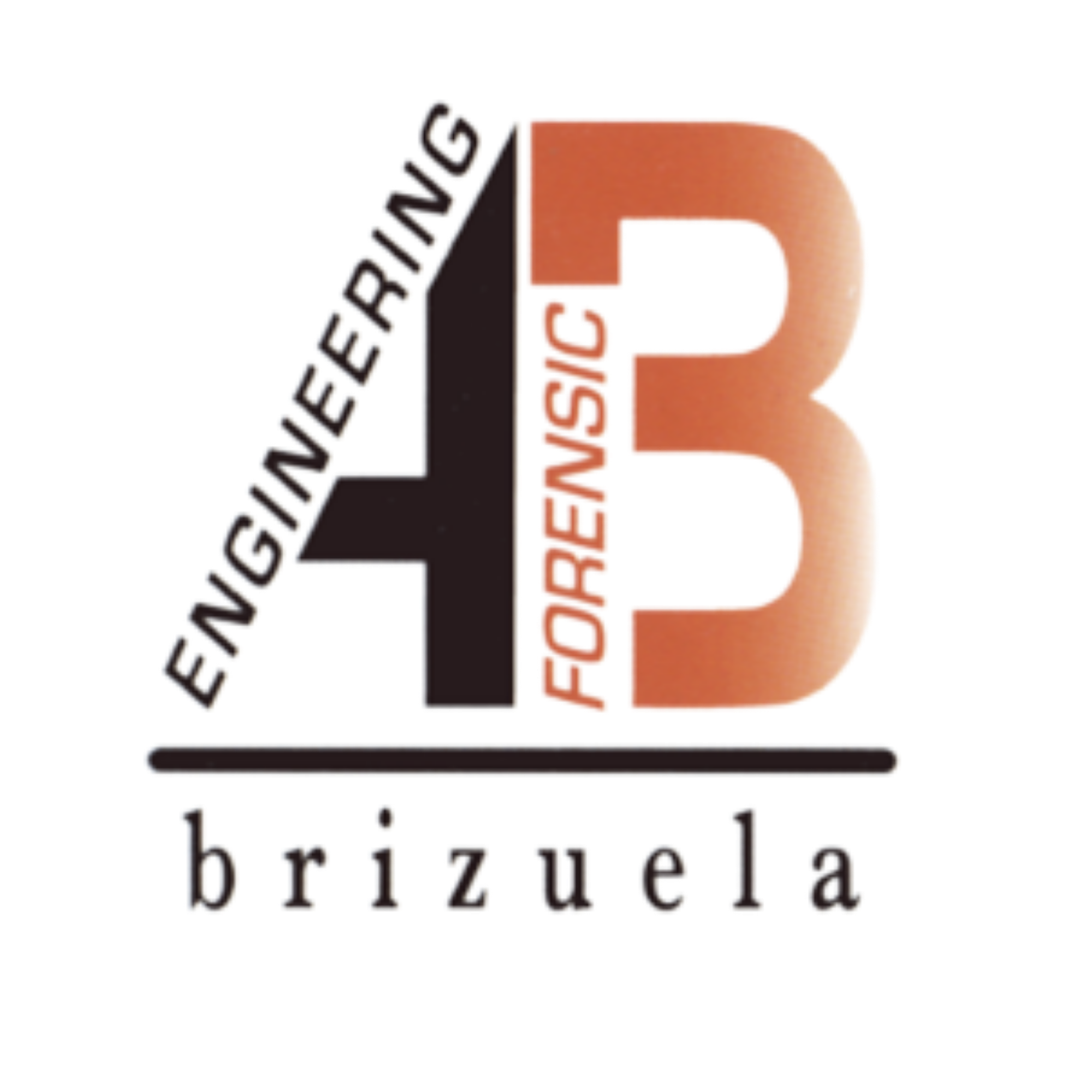 Logo with a large black number 4 and a large orange number 3 side by side, separated by a vertical black line, with the word 'ENGINEERING' in black curved along the left side of the 4 and 'FORENSIC' in orange vertically inside the 3, and the word 'brizuela' in lowercase black letters beneath a horizontal black line below the numbers.
