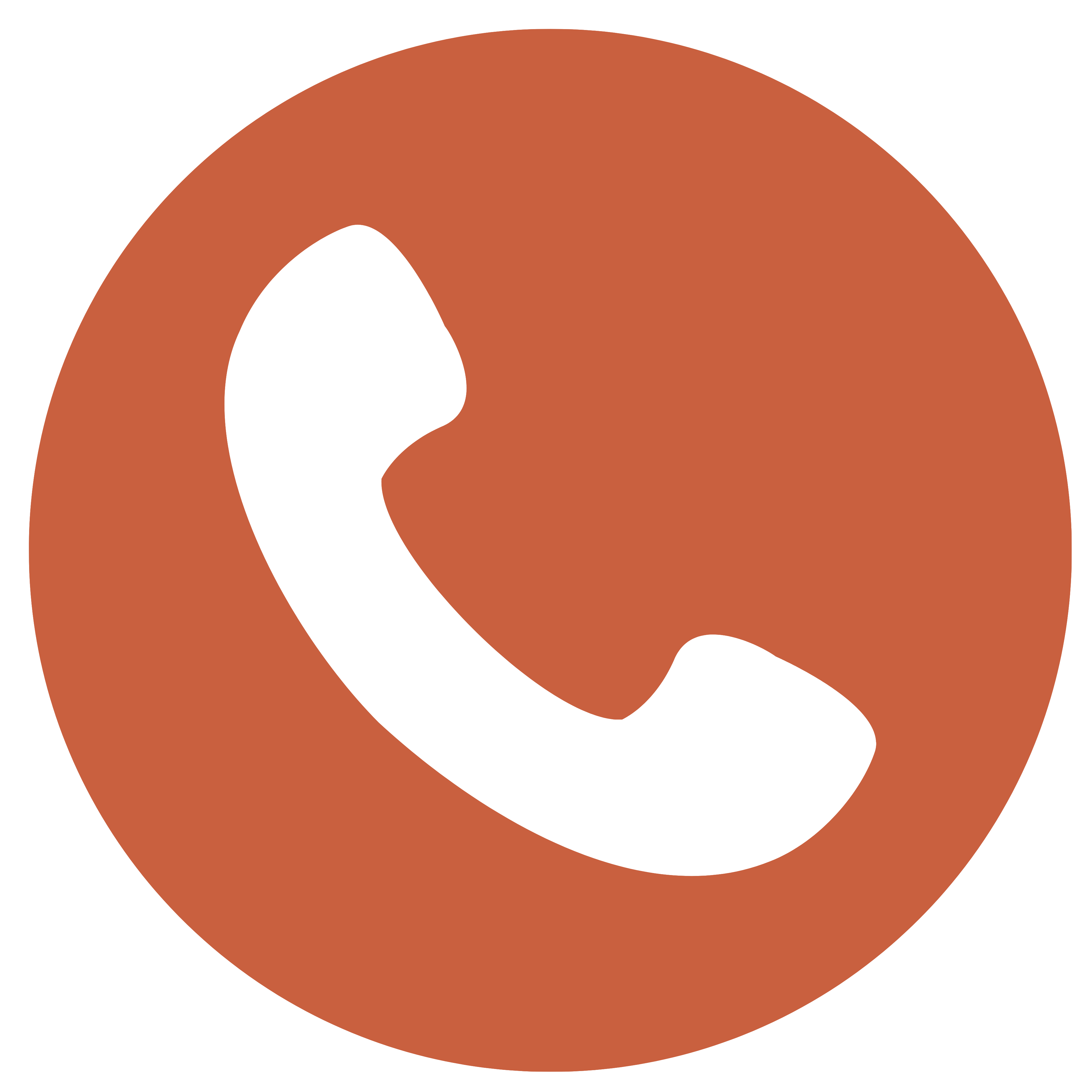 Black telephone handset icon inside a solid burnt orange circle.
