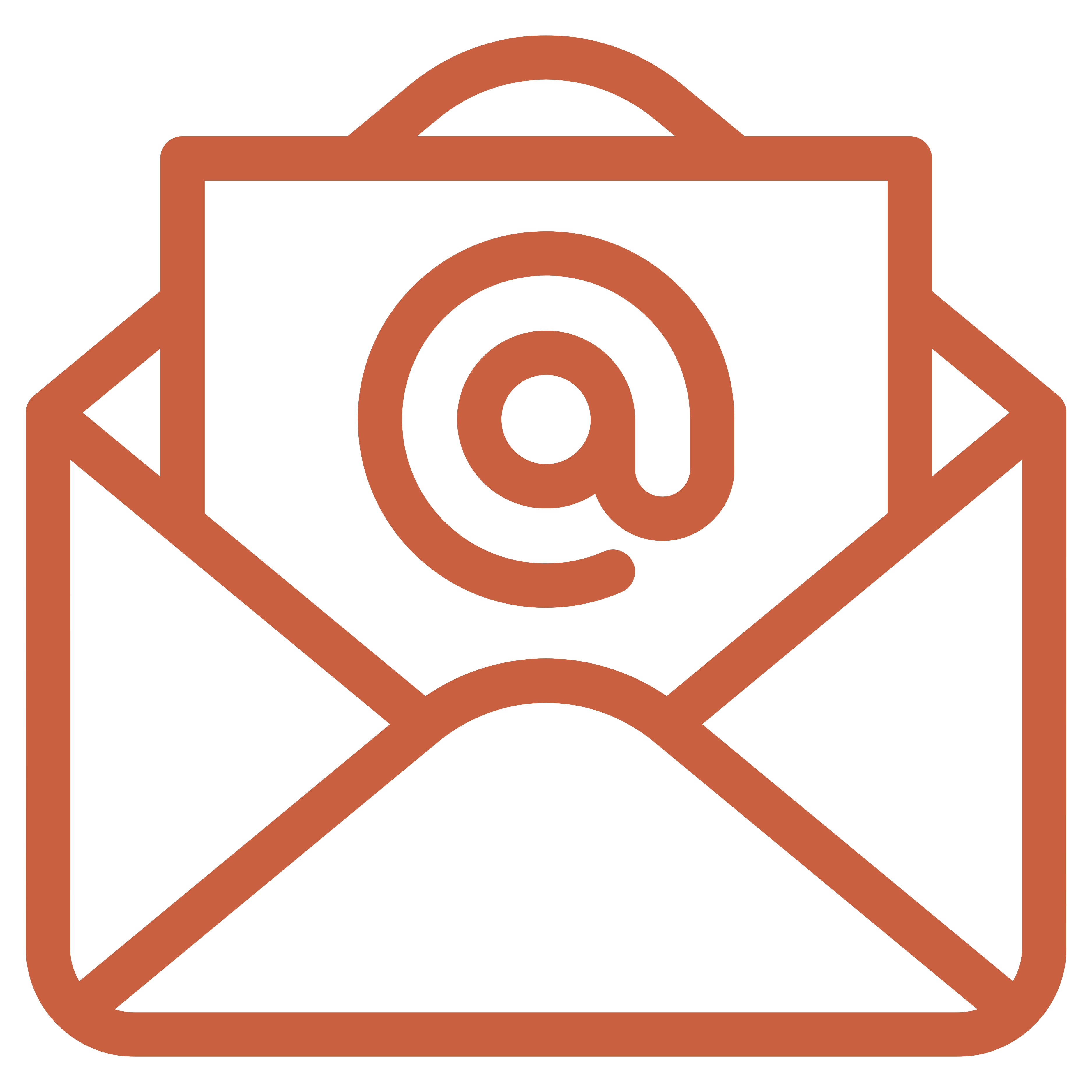 Open envelope icon with an email symbol (@) on the paper inside, in a reddish-brown outline style on a transparent background.