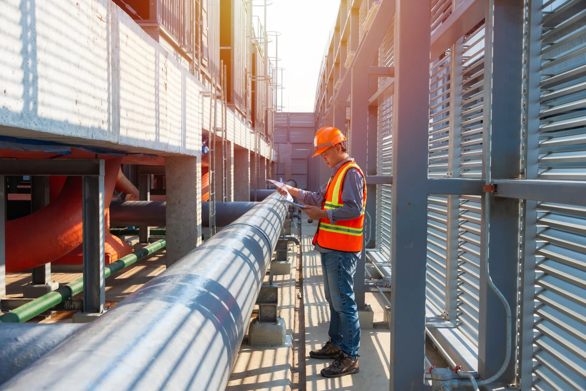 Construction worker in an orange safety vest and hard hat examines documents while standing next to large pipes in an industrial setting with metal and concrete structures.
