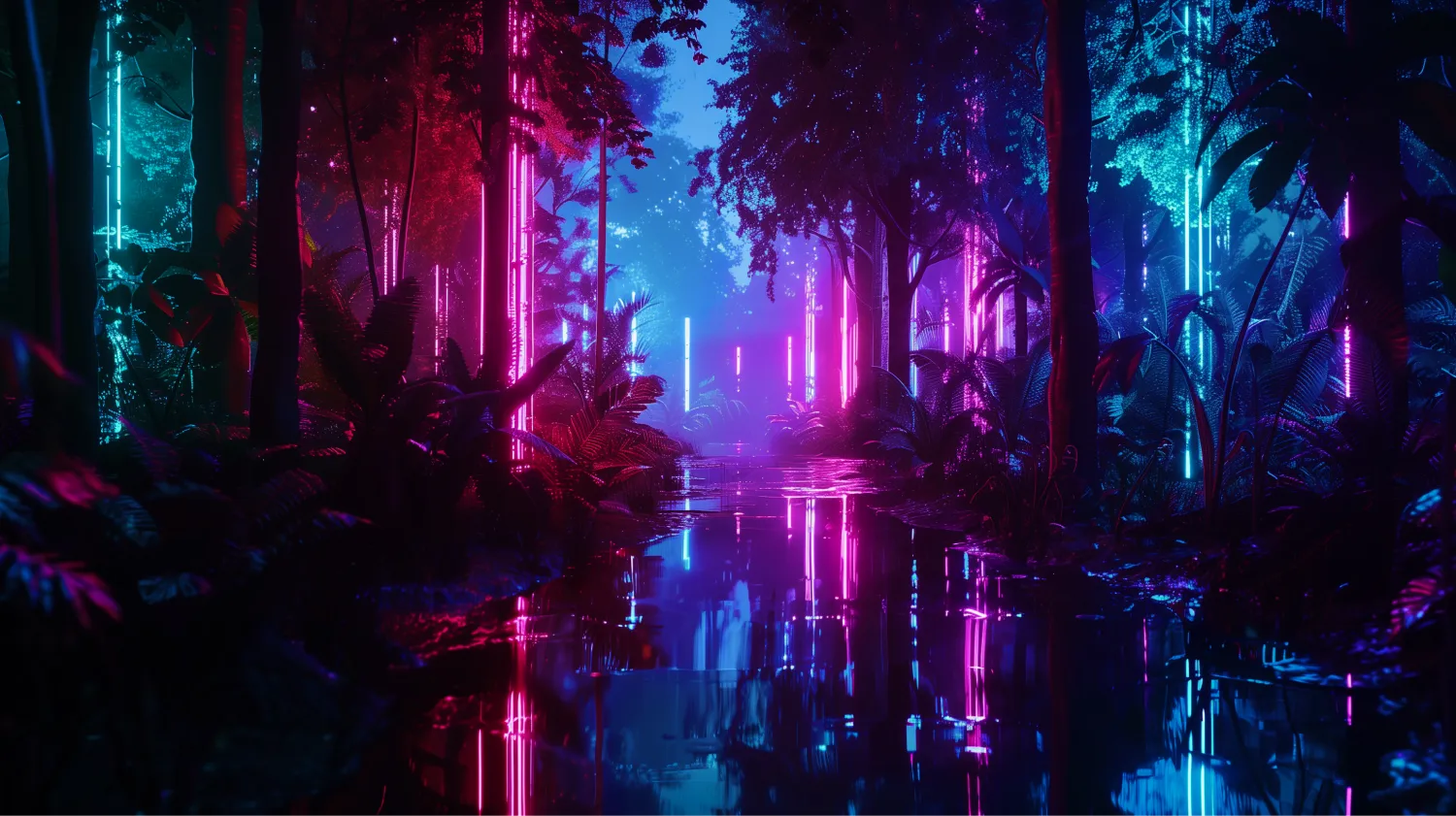 An led forest, tropical with neon lighting