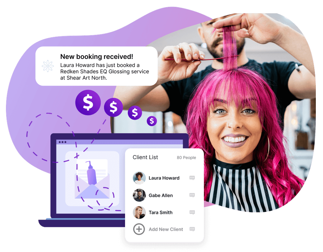 On Behalf Marketing graphic with a salon booking notification, dollar icons, and client list showing SalonInteractive OBM revenue growth