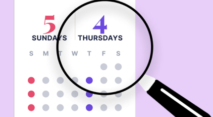 Magnifying glass over a calendar comparing Sundays and Thursdays in salon revenue data