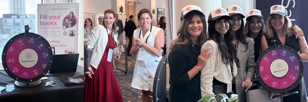 Attendees in Good Hair Day trucker hats beside the SalonInteractive prize wheel at Meevo Live 2026
