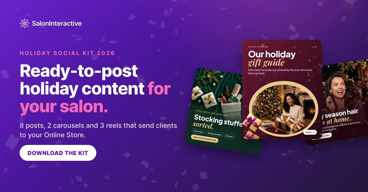 Preview of the SalonInteractive 2026 Holiday Social Kit: ready-to-post holiday posts, gift guide carousel and reels for salons
