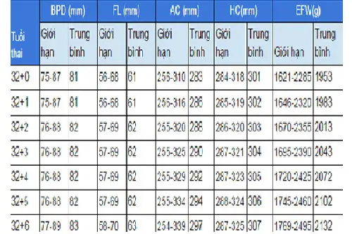 Chỉ số thai nhi 32 tuần