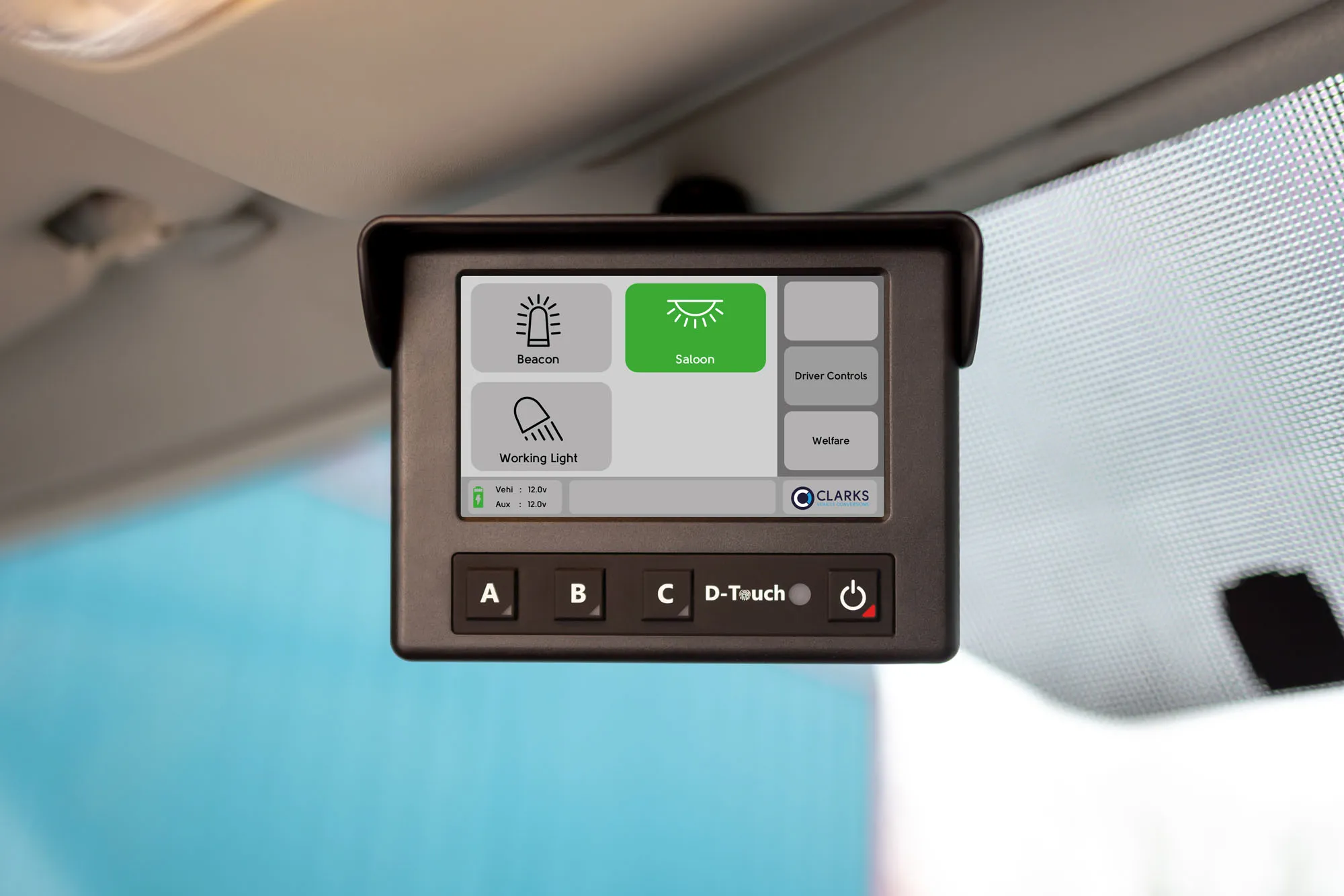 Driver Control Screen (DCS) installed in place of rear view mirror showing saloon light on