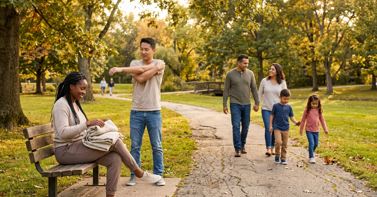 Couple actively resting in park while family walks by on path.