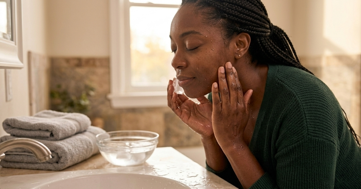 Woman rinsing face with cold water to shift temperature.