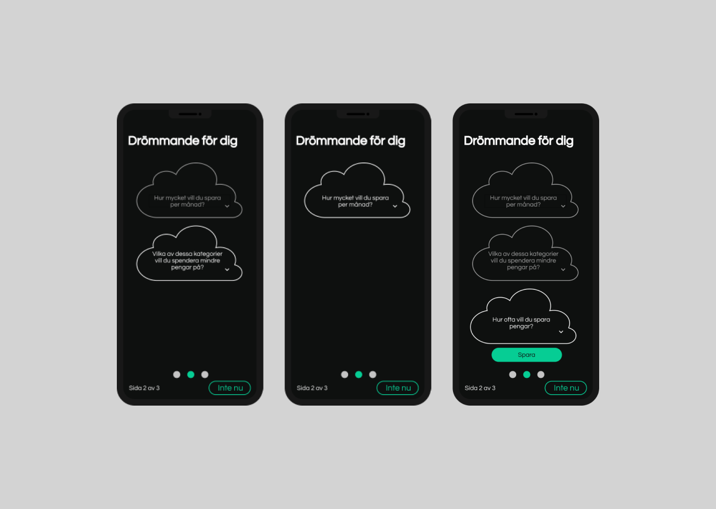 The three onboarding questions page of the app