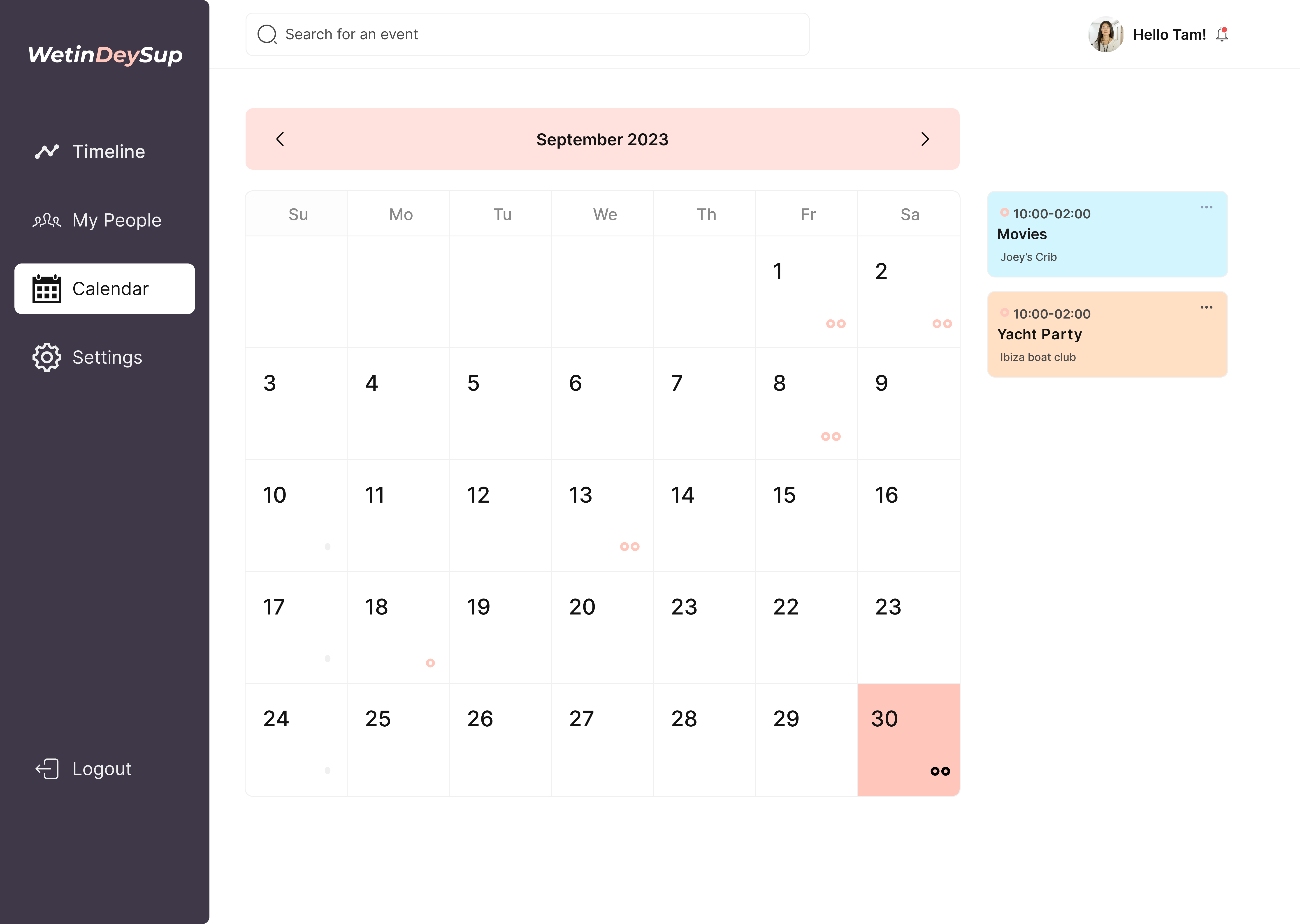 calender for events app web version