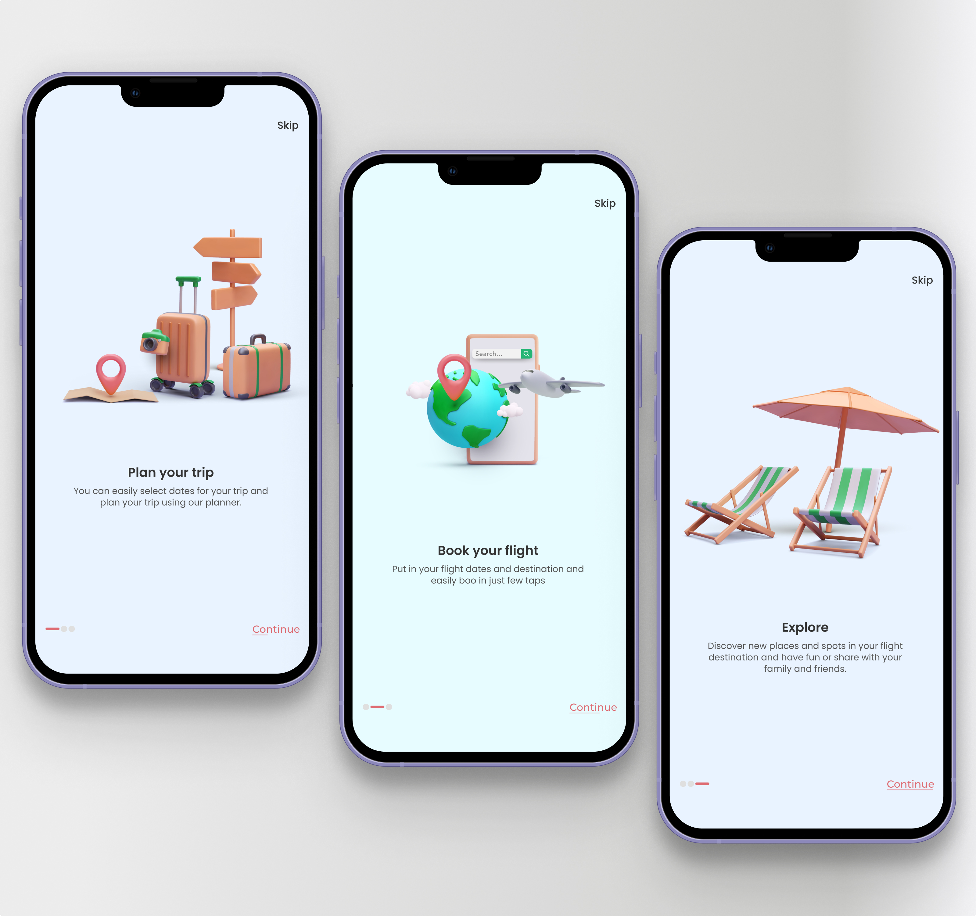 Onboarding screens for a travel app