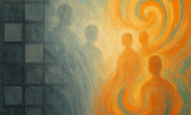 Abstract painting symbolising a shift from traditional to coaching-style leadership, with rigid grey squares on the left transitioning into warm, flowing orange and teal spirals with human silhouettes on the right.