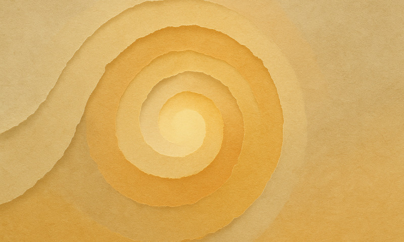 Abstract spiral collage in soft golden tones symbolising personal transformation and inner growth for modern leaders.