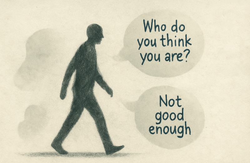 A minimalist, textured illustration of a person walking forward while surrounded by faded speech bubbles containing phrases like "Who do you think you are?" and "Not good enough", symbolising the internal resistance often faced during personal transformation.