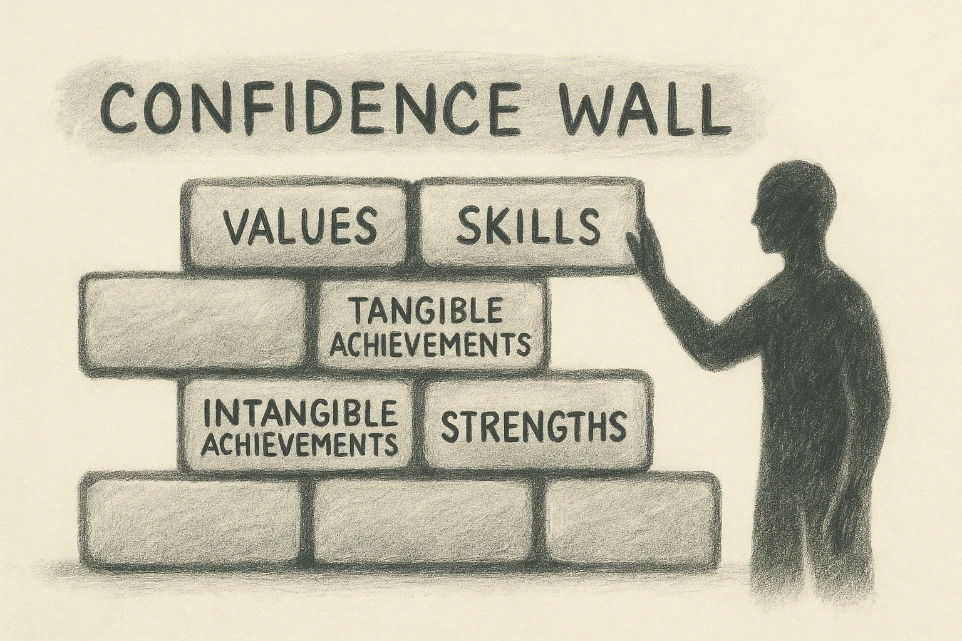 A charcoal-style illustration of a person standing beside a brick wall labelled "Confidence Wall." Each brick is marked with words such as "Values," "Skills," "Tangible Achievements," "Intangible Achievements," and "Strengths." The overall tone is soft, reflective, and supportive.