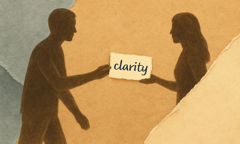 Charcoal-style torn paper collage showing two silhouetted figures walking together, one male and one female, with a note reading "Clarity" in handwritten script.