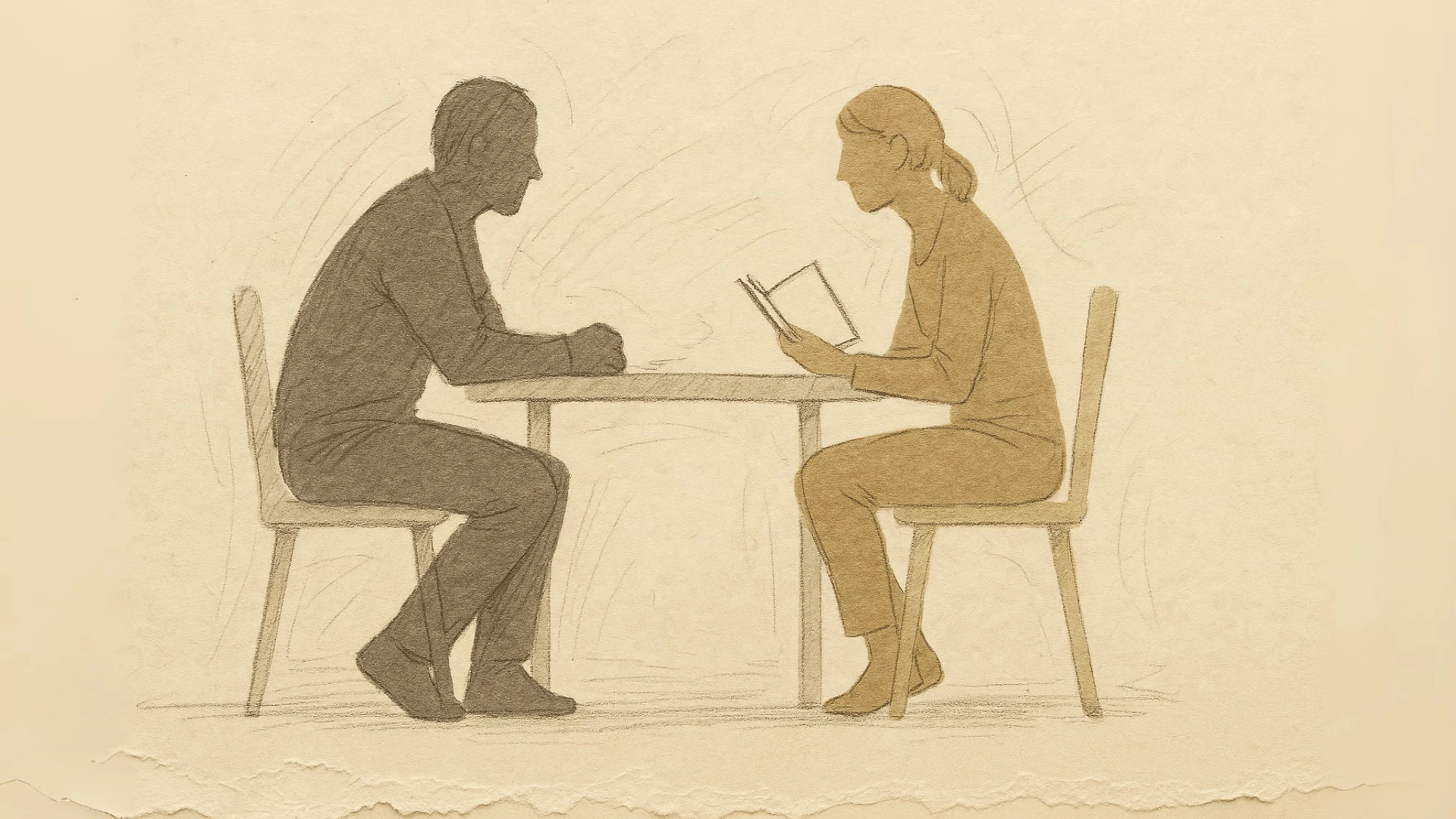 Torn paper collage illustration shows two silhouetted figures seated across from each other at a small table. One figure is leaning forward with a supportive posture, representing a mentor or coach. The other figure holds a notebook, representing a mentee or coachee. The warm, textured tones and subtle charcoal lines evoke human connection, presence, and reflection—symbolising the relational heart of both coaching and mentoring.