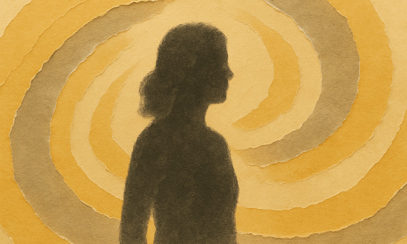 An abstract, textured illustration of a female silhouette in profile, created with a soft charcoal effect against a layered torn-paper background. The swirling paper layers in warm tones of gold, ochre, and beige radiate outward, symbolising movement, challenge, and growth. The figure stands calm and centred amidst the motion, representing resilience in the workplace — the ability to stay grounded and composed in the face of constant change.