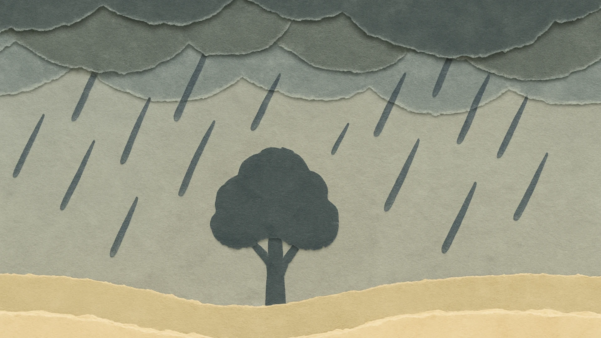 A layered torn-paper illustration of a dark tree standing alone in the middle of a rainstorm. Grey and blue rain falls from textured cloud shapes above, while the tree remains firmly rooted on soft, undulating ground in muted beige tones. The scene symbolises resilience — standing steady through the storm of workplace stress and uncertainty.