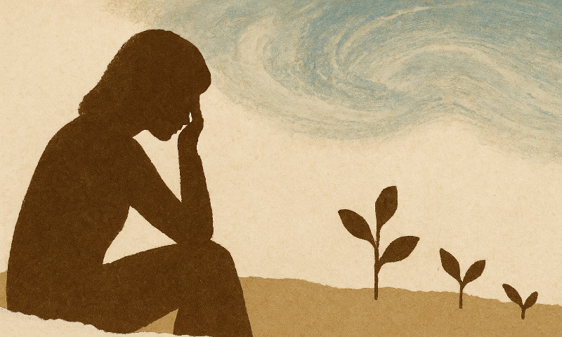 Abstract torn-paper style illustration for the article “Guide for Leaders: Mastering the Fundamentals of Coaching”. A silhouette of a woman sits in quiet reflection beside three growing plants at different stages, symbolising the pause to consider growth and progress in coaching.