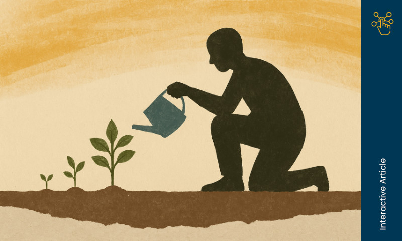 Featured image for the article “Guide for Leaders: Mastering the Fundamentals of Coaching”. An abstract silhouette of a leader kneels while watering three plants of different sizes, symbolising team members at various stages of growth. The textured background with torn-paper soil and brush-stroke sky conveys the article’s goal of showing how coaching nurtures trust, development, and lasting performance.