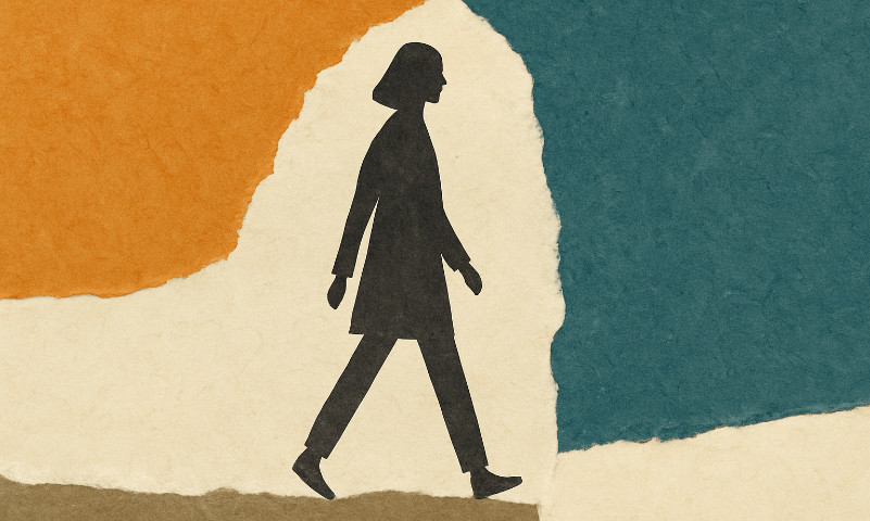 Abstract torn-paper collage illustration for “Why the New World of Work Demands a Human-Centric Approach”. A female silhouette walks across layered paper textures, symbolising the shift from old ways of working to a more human-centric future.