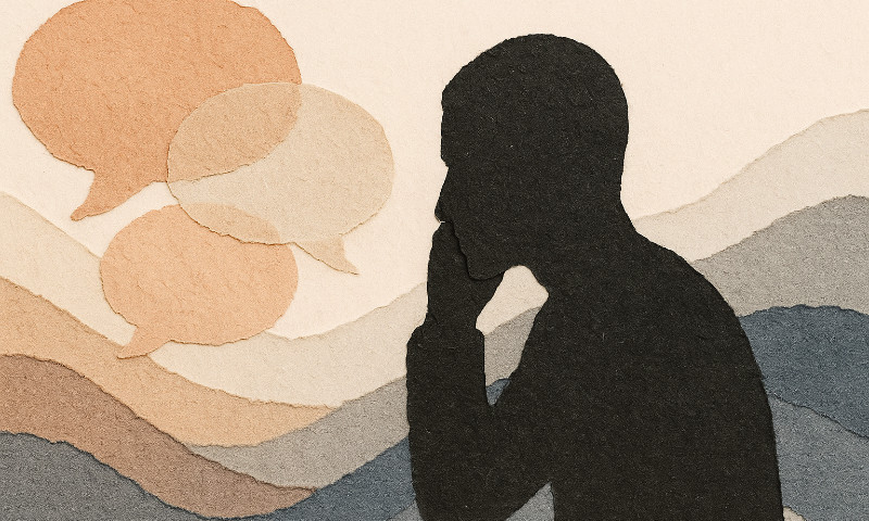 A torn-paper collage shows the silhouette of a person leaning forward in thought, with layered speech bubbles above them. The textured paper waves in the background create a warm, earthy setting, symbolising empathy, listening, and human connection.