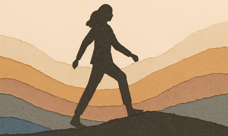 A textured torn-paper collage depicting a female silhouette confidently stepping forward across layered, uneven paper terrain in soft, muted tones of ochre, cream, and blue — symbolising progress, courage, and personal growth.