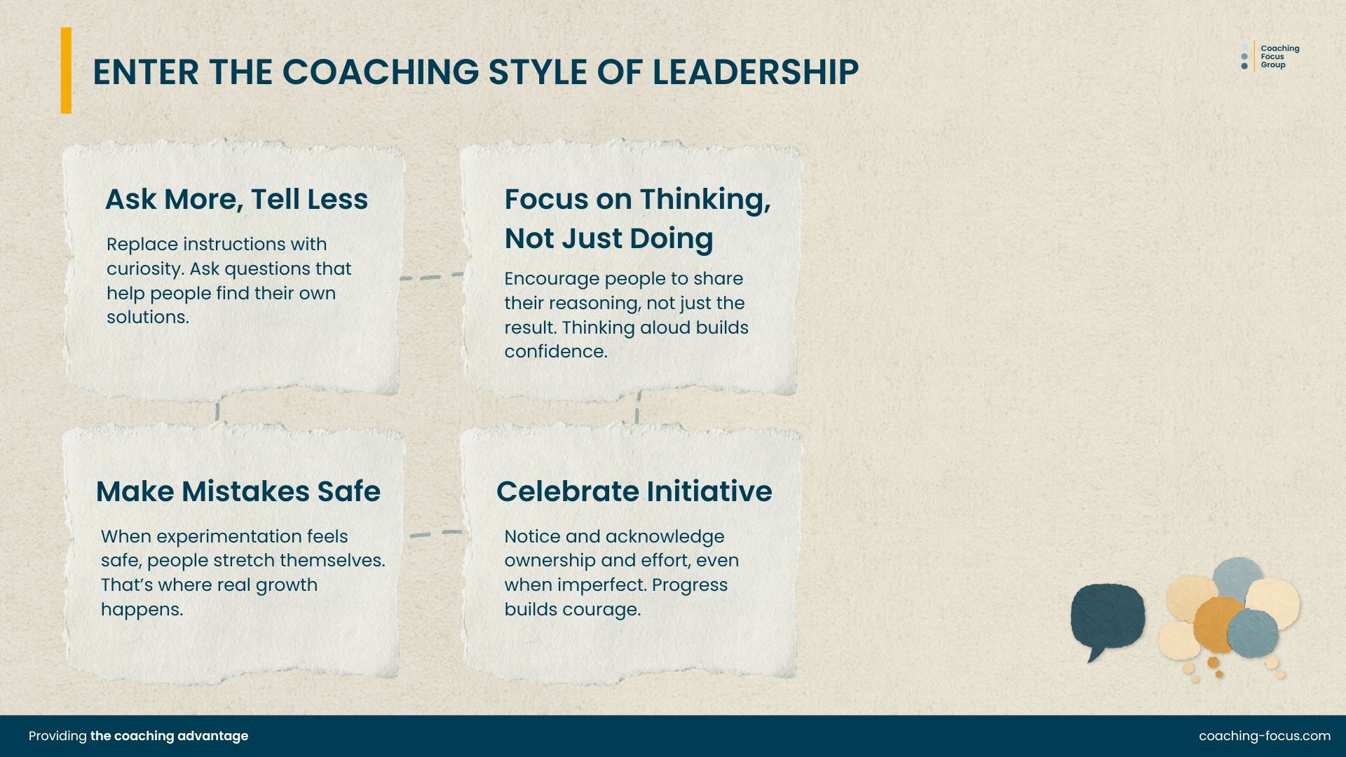 A torn-paper style infographic titled “Enter the Coaching Style of Leadership.” Four textured paper boxes contain key principles:  Ask More, Tell Less — encourage curiosity and questions.  Focus on Thinking, Not Just Doing — invite people to share their reasoning.  Make Mistakes Safe — create space where experimentation leads to growth.  Celebrate Initiative — acknowledge ownership and effort. Hand-cut speech-bubble shapes appear in the bottom-right corner, matching the Coaching Focus Group brand aesthetic.