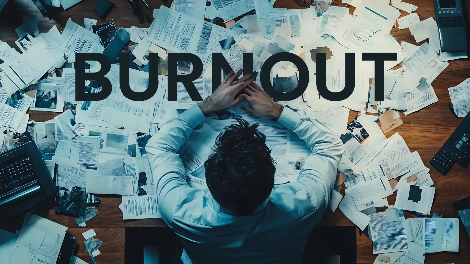 Overhead view of an overwhelmed person at a desk buried in paperwork, with the word burnout across the image, symbolising work related exhaustion.