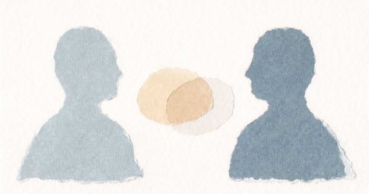 Minimalist torn-paper collage showing two abstract speech shapes gently overlapping, symbolising feedback shared with care, clarity, and openness. Soft neutral tones on a light textured background evoke calm, safety, and constructive dialogue.