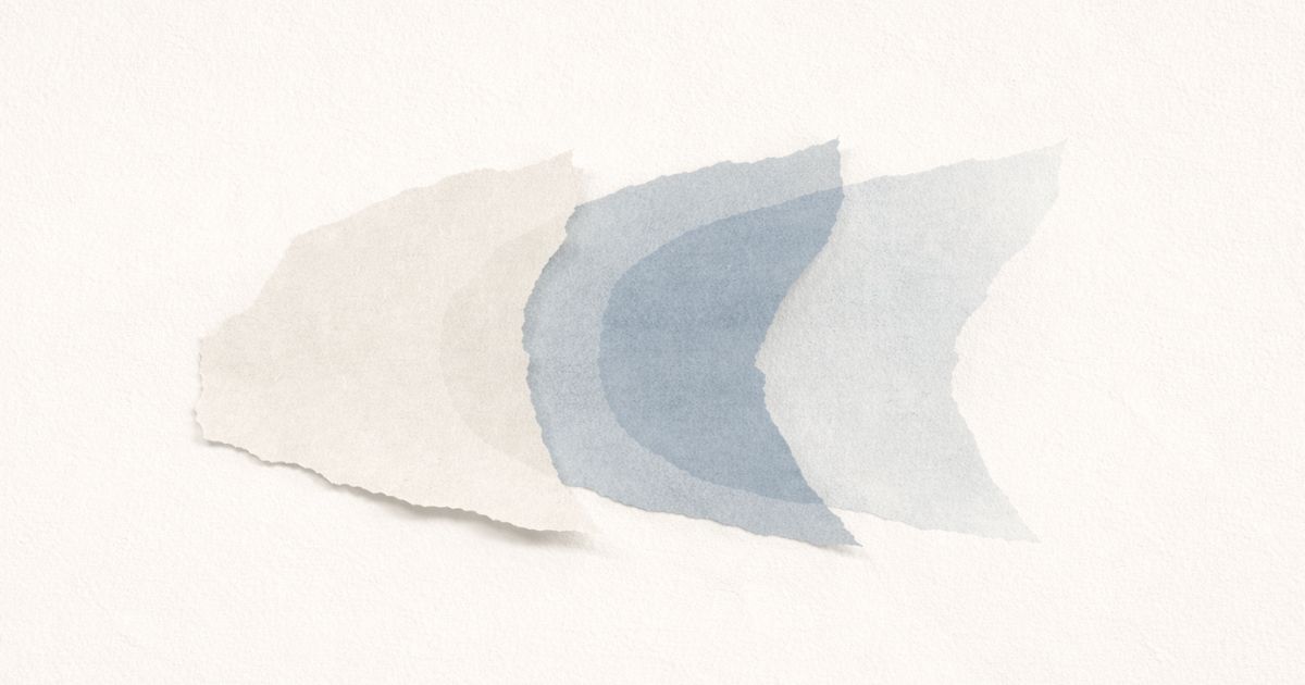 Minimalist torn-paper collage showing a grey abstract shape subtly distorted by a muted blue overlay on a cream background, symbolising coaching influence.