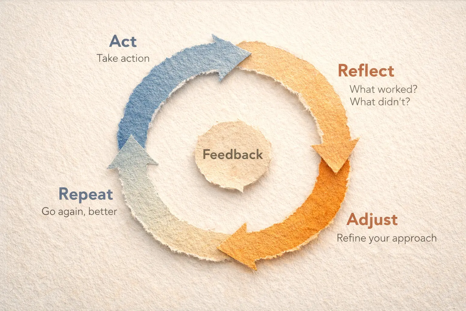 Torn paper infographic showing a circular feedback loop with four stages: Act, Reflect, Adjust, and Repeat, surrounding a central “Feedback” label.